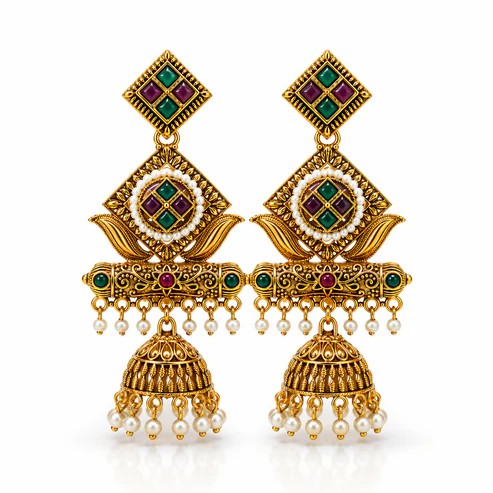 Premium Antique Gold-Plated Geometric Stone & Pearl Jhumka Earrings - Image 3