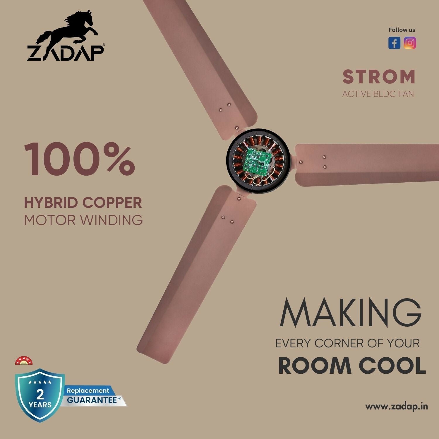 Zadap STROM 900mm High Speed BLDC Ceiling Fan with Remote(Red Copper) - Image 5