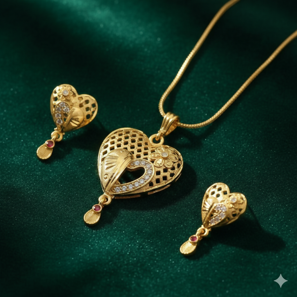 9TiDuKlJ2I.png Heart Motif Gold Pendant and Earring Set Elegant Traditional Jewelry Set for Women - Image 1