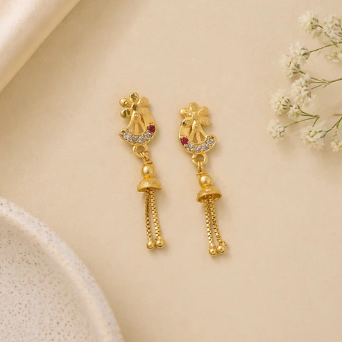Traditional Gold-Plated Casting Chain Drop Earrings with Ruby and CZ Accents - Image 3