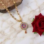 Elegant Multicolor Floral Gold Pendant Necklace with Stone Border - Image 2