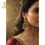 Antique Matte Gold Temple Earrings with Red-Green Stone Work & Pearl Drops | Traditional South Indian Bridal Jewelry. - Image 2