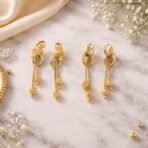 Chic Gold Chain Drop Earrings with Triple Hanging Beads and Sculpted Top Deign (2 Pair) - Image 2
