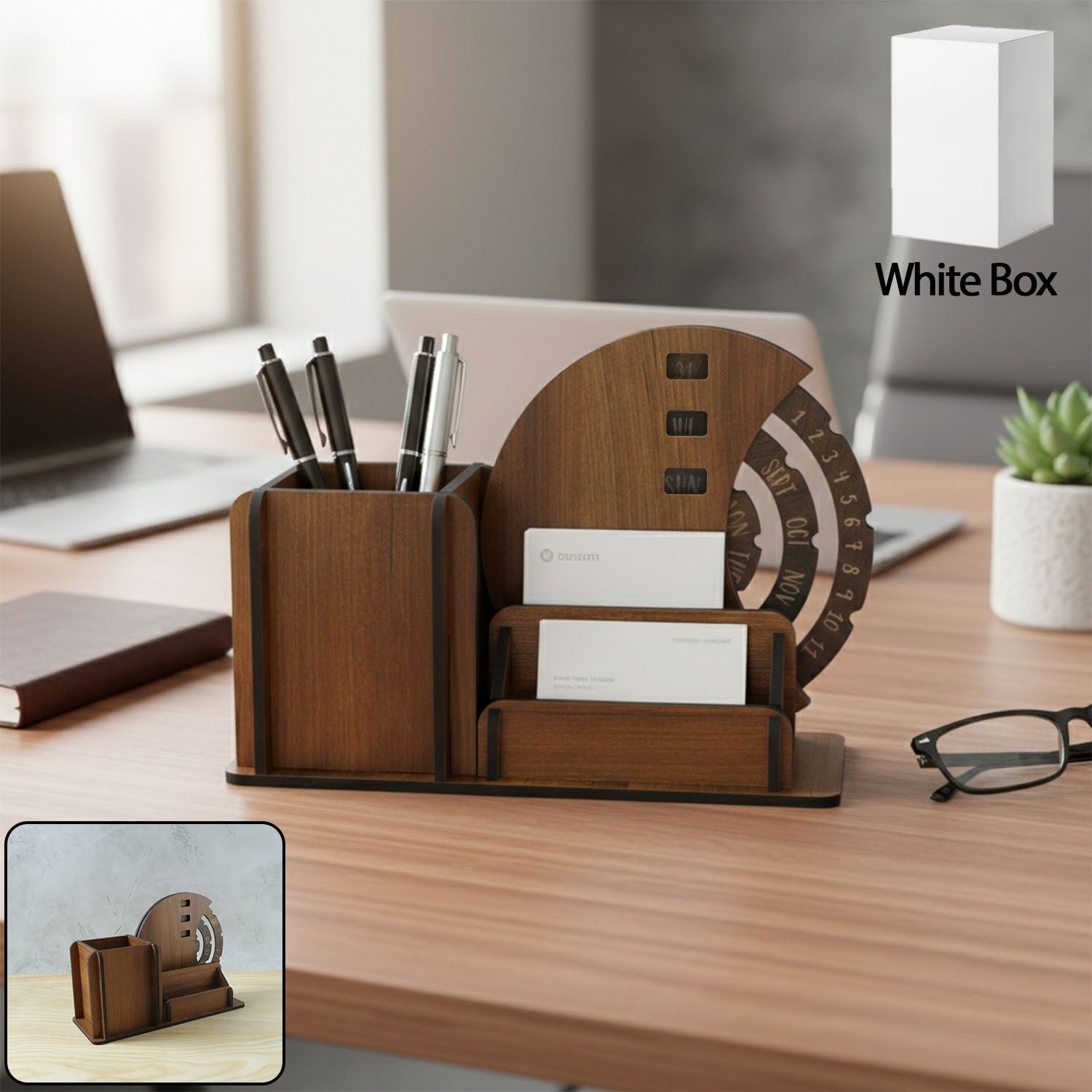 CalendarwithPenStand-WOSKU-01.jpg Wooden Desk Organizer Pen Stand With Rotating Calendar Wheel (1 Pc) - Image 1