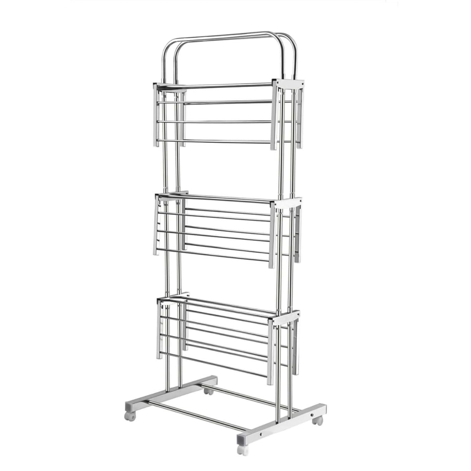 3 Layer Foldable Stainless Steel Cloth Drying Stand with Wheels - Image 5
