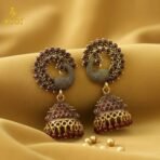 Royal Maroon Peacock Jhumka Earrings – Antique Gold Finish