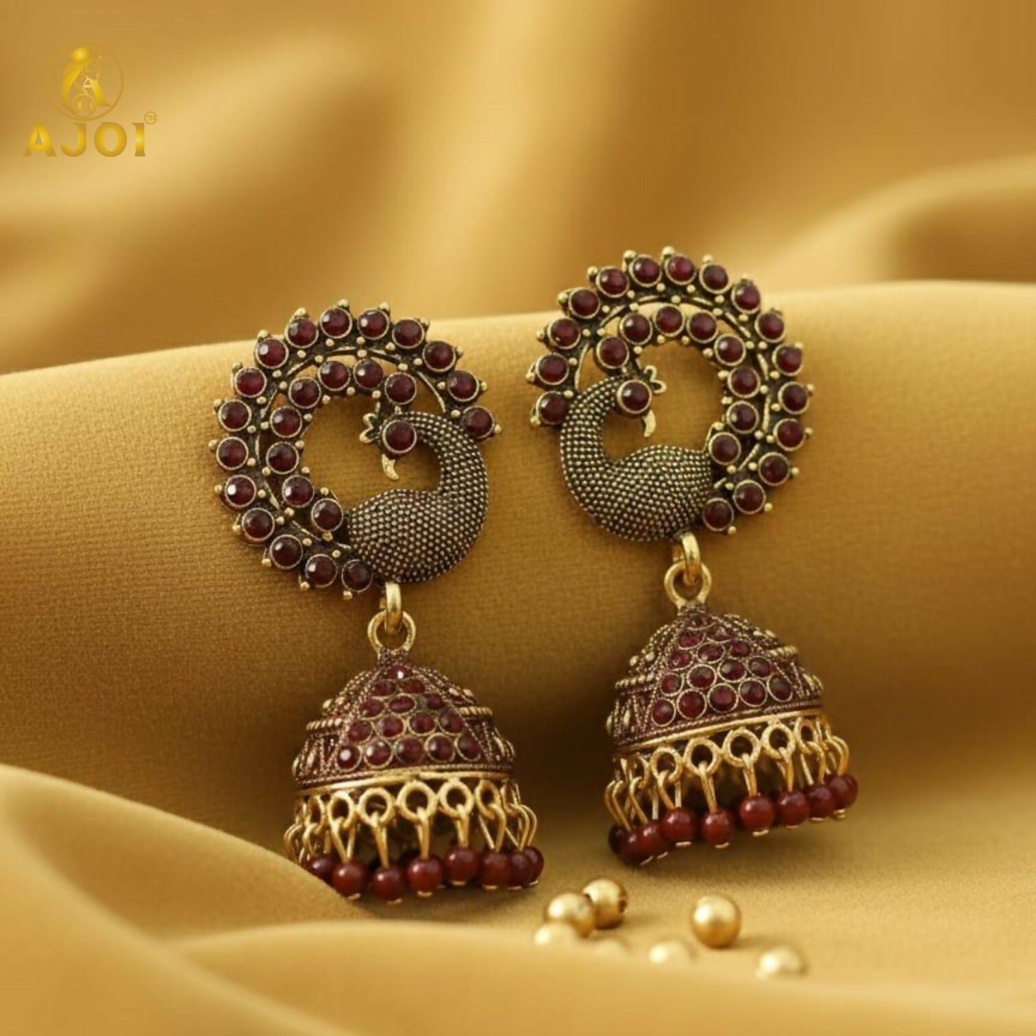 DT6rEropCP.jpg Royal Maroon Peacock Jhumka Earrings – Antique Gold Finish - Image 1