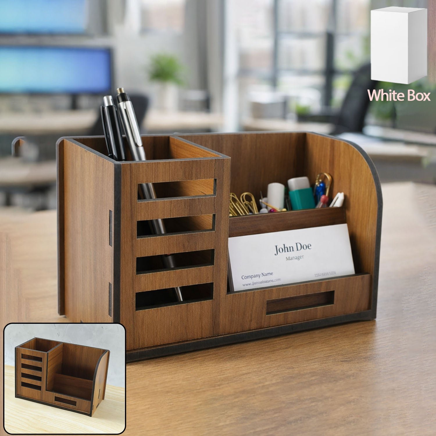 DesktopOrganizer-WOSKU-01.jpg Premium Wooden Desk Organizer with Phone Stand, Pen Holder, Card Holder (1 Pc) - Image 1