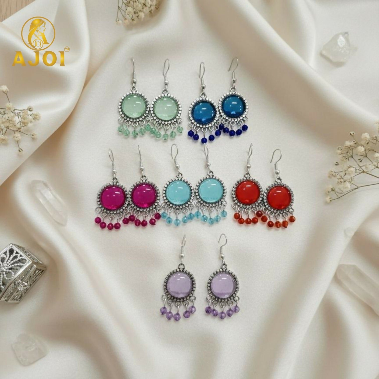 DnbCEvBLcN.jpg Oxidized Silver Multicolor Stone Drop Earrings with Beaded Fringe - Image 1