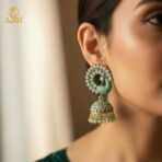 Mint Green Peacock Stone Jhumka Earrings - Image 2