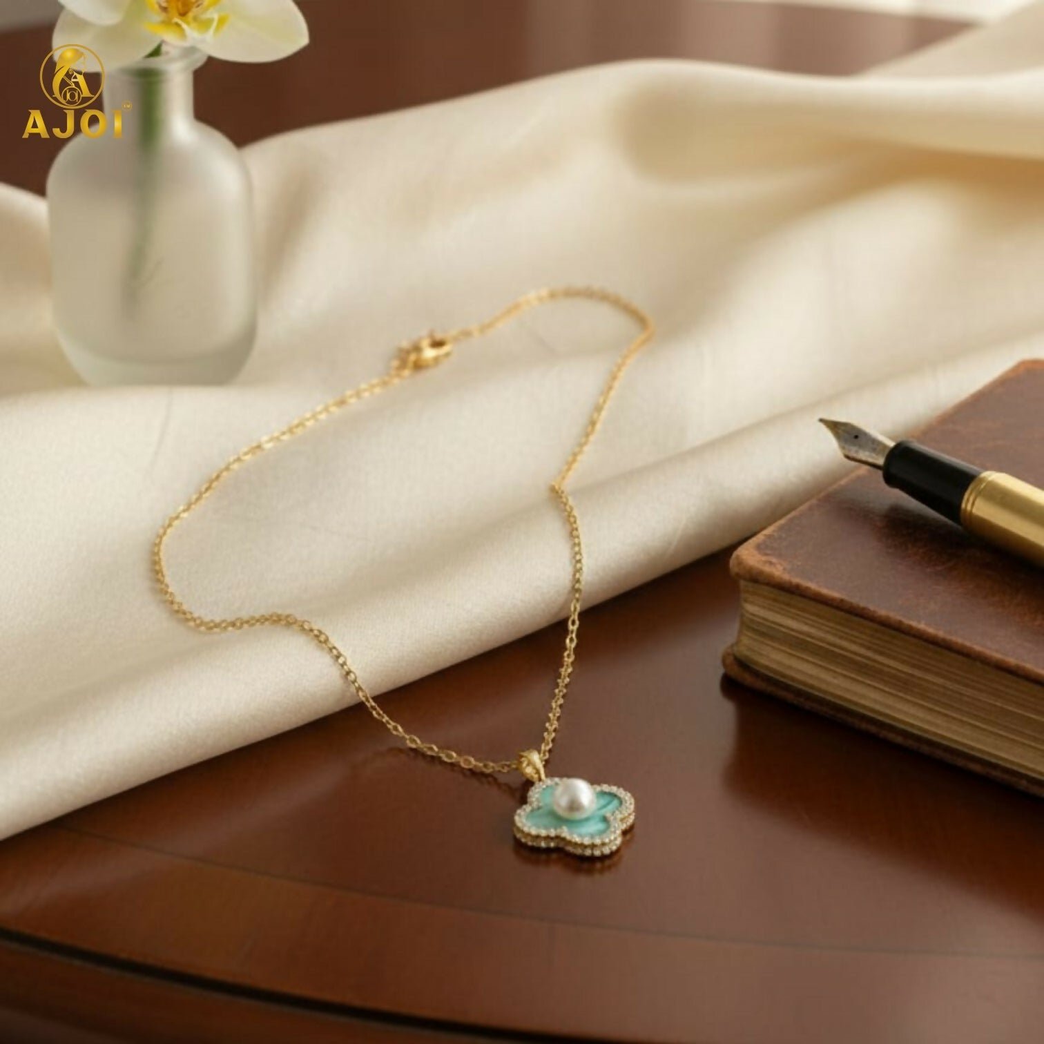 G10Lp2jl7s.jpg Elegant Gold Plated Floral Pendant Necklace with Pearl & Mint Enamel for Women - Image 1