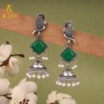 Oxidised Silver Green Stone Parrot Design Jhumka Earrings for Women & Girls - Image 2