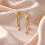 Graceful Flower Crown Gold Dangle Earrings with Bead Drops and Chains (2 Pair) - Image 2