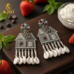 Oxidized Silver House-Shaped Earrings with Multicolor Stones & Shell Danglers
