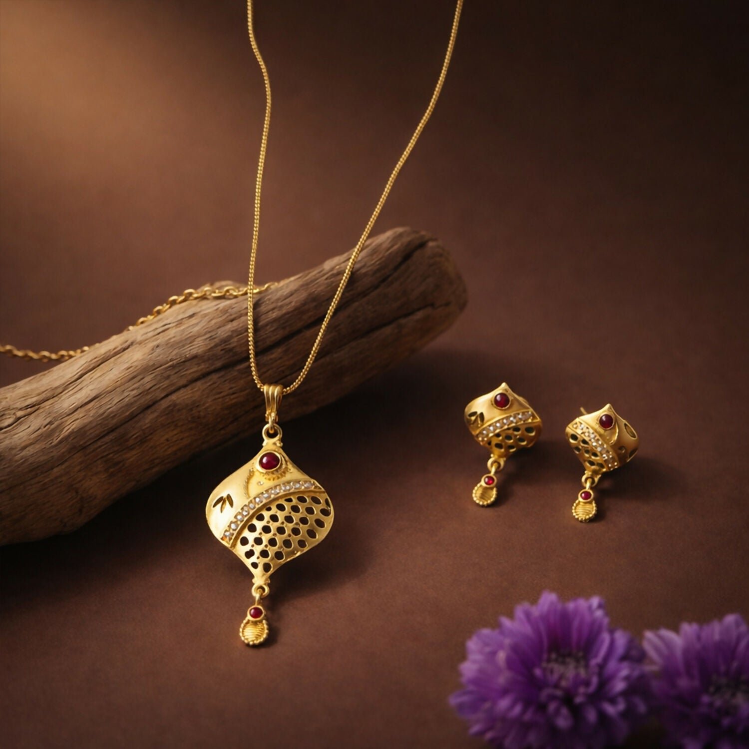 HD5ZYtvlsQ.jpg Elegant Gold Pendant and Earring Set Stylish Traditional Jewelry Set for Women - Image 1