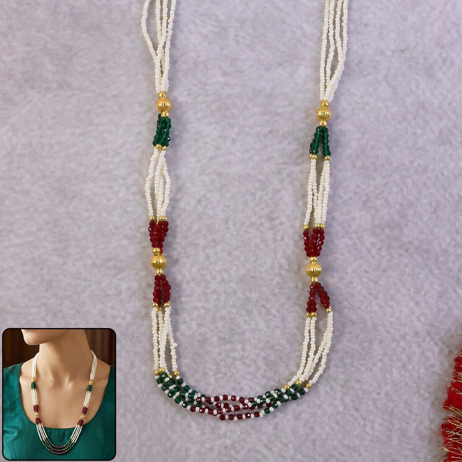 HRPKtqswum.jpg Handmade Multi-Strand Pearl Mala Necklace with Red & Green Beads - Image 1