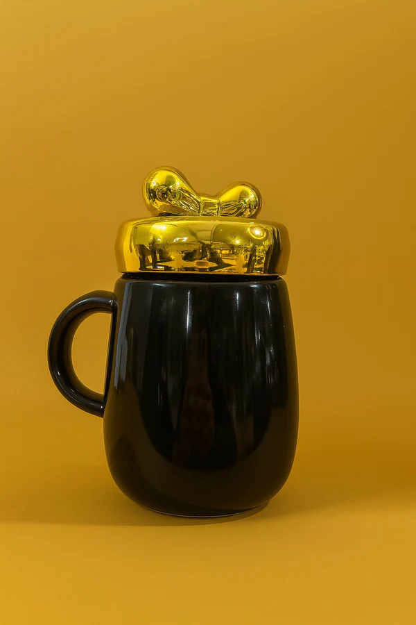 "Be Mine Mr. Black Ceramic Coffee Mug with Golden Lid and Bow Tie - Image 3