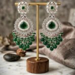 Emerald Green Kundan & Pearl Chandbali Earrings – Silver-Toned Festive Jhumkas - Image 2