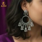 Premium Oxidised Silver Boho Chandbali Jhumka Earrings - Image 2