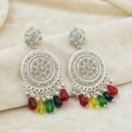 Silver-Tone Oxidized Bohemian Mandala Drop Earrings with Multi-Color Crystal Beads