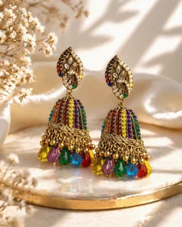 Multicolor Stone Jhumka Earrings with Beads Drop Gold Plated Ethnic Traditional Earrings for Women