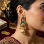 Royal Green Kundan Jhumka Earrings with Gold Finish & Ghungroo Drops - Image 2