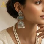 Heritage Royal Oxidized Silver Jhumka Earrings with Aqua Stone Earring - Image 2