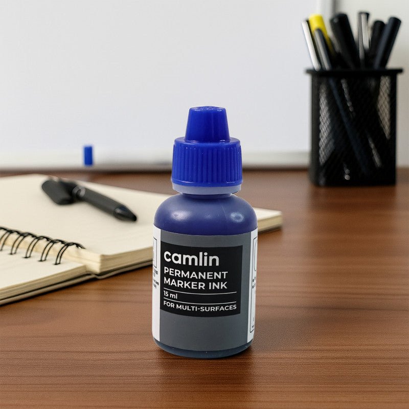 Marker-Ink-15-ml-01.jpg Camlin Permanent Marker Ink 15 ml – Blue Color Refill Ink for Multi-Surfaces - Image 1