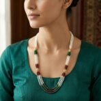 Handmade Multi-Strand Pearl Mala Necklace with Red & Green Beads - Image 2