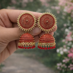 TRADITIONAL ELEGANT OXIDISED JHUMKA EARINGS IN RED COLOUR - Image 2