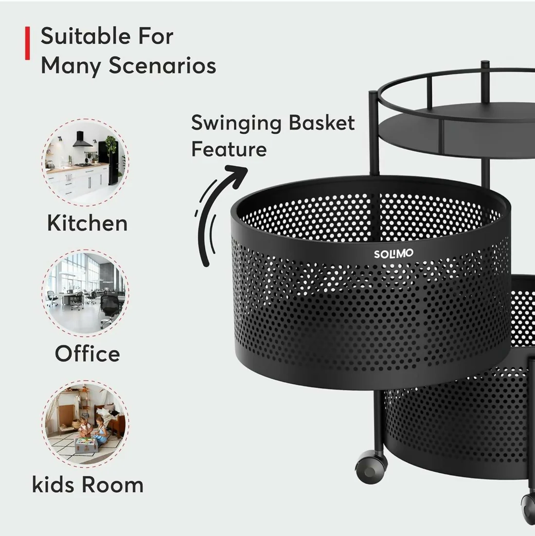 Compact Round 2-Layer Kitchen Trolley with Ventilated Mesh Baskets & Four Swivel Wheels - Image 6