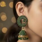 Traditional Peacock Green Stone Jhumka Earrings - Antique Gold Finish - Image 2