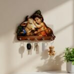 Baby Krishna with Cow Wooden Wall Key Holder – 5 Hooks Organizer - Image 2