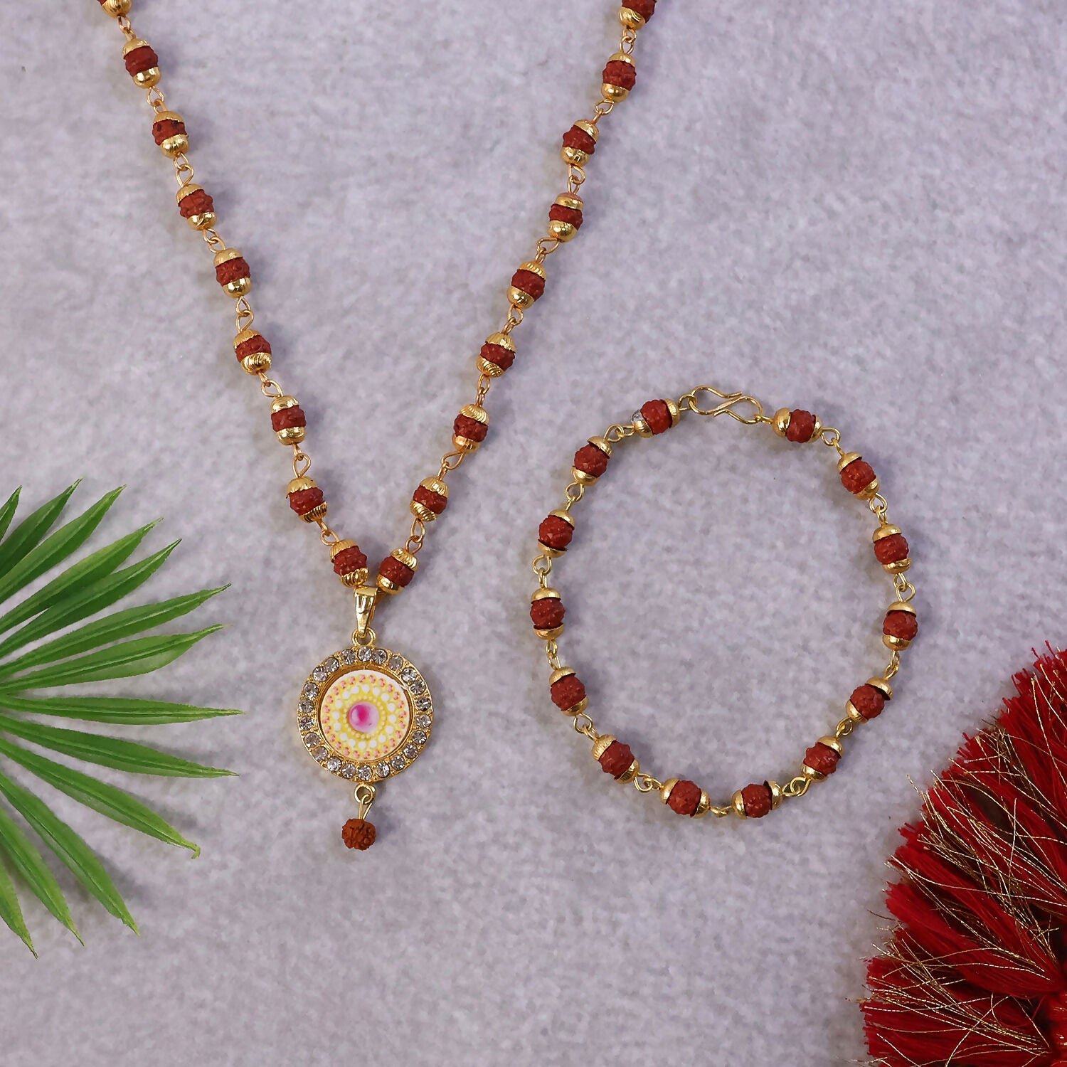 PWCroeGdyn.jpg Rudraksha Gold Necklace & Bracelet Set with Designer Pendant - Image 1