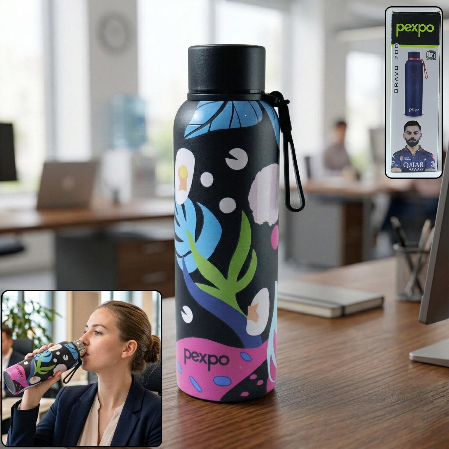 PexpoWaterBottle-WOSKU-01.jpg Pexpo Stainless Steel Printed Water Bottle 800 ML Approx (1 Pc) - Image 1