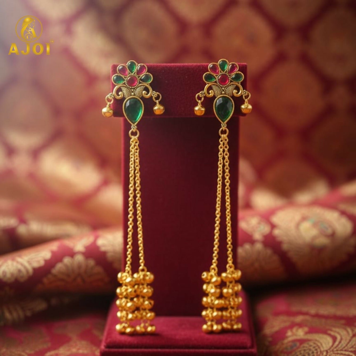 Qm4cKOhQTe.jpg Kashmiri Gold Plated Floral Long Latkan Earrings for Women - Image 1