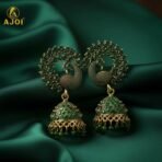 Traditional Peacock Green Stone Jhumka Earrings - Antique Gold Finish