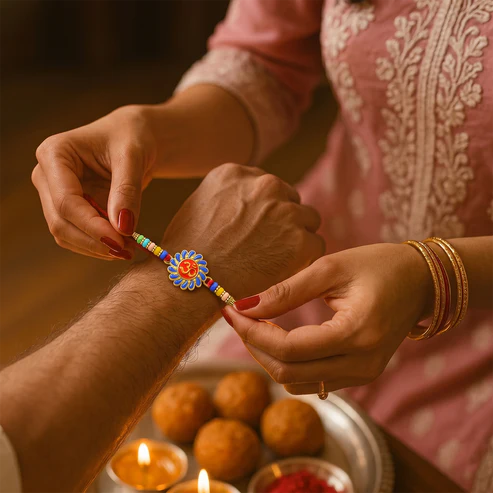 Om Designer Rakhi with Multicolor Beads (1 Pc) - Image 3