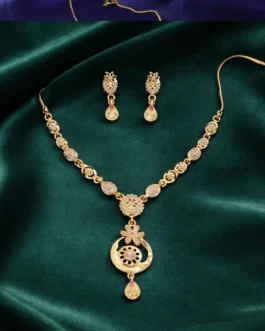 Stylish Gold-Tone Circular Pendant Necklace Set with Floral Accent & Matching Earrings