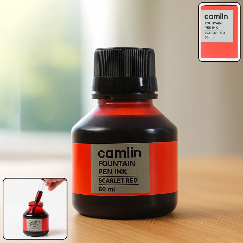 Red-Fountain-Ink-01.jpg Camlin Scarlet Red Fountain Pen Ink – Smooth Flow Writing Ink (60 ml) - Image 1