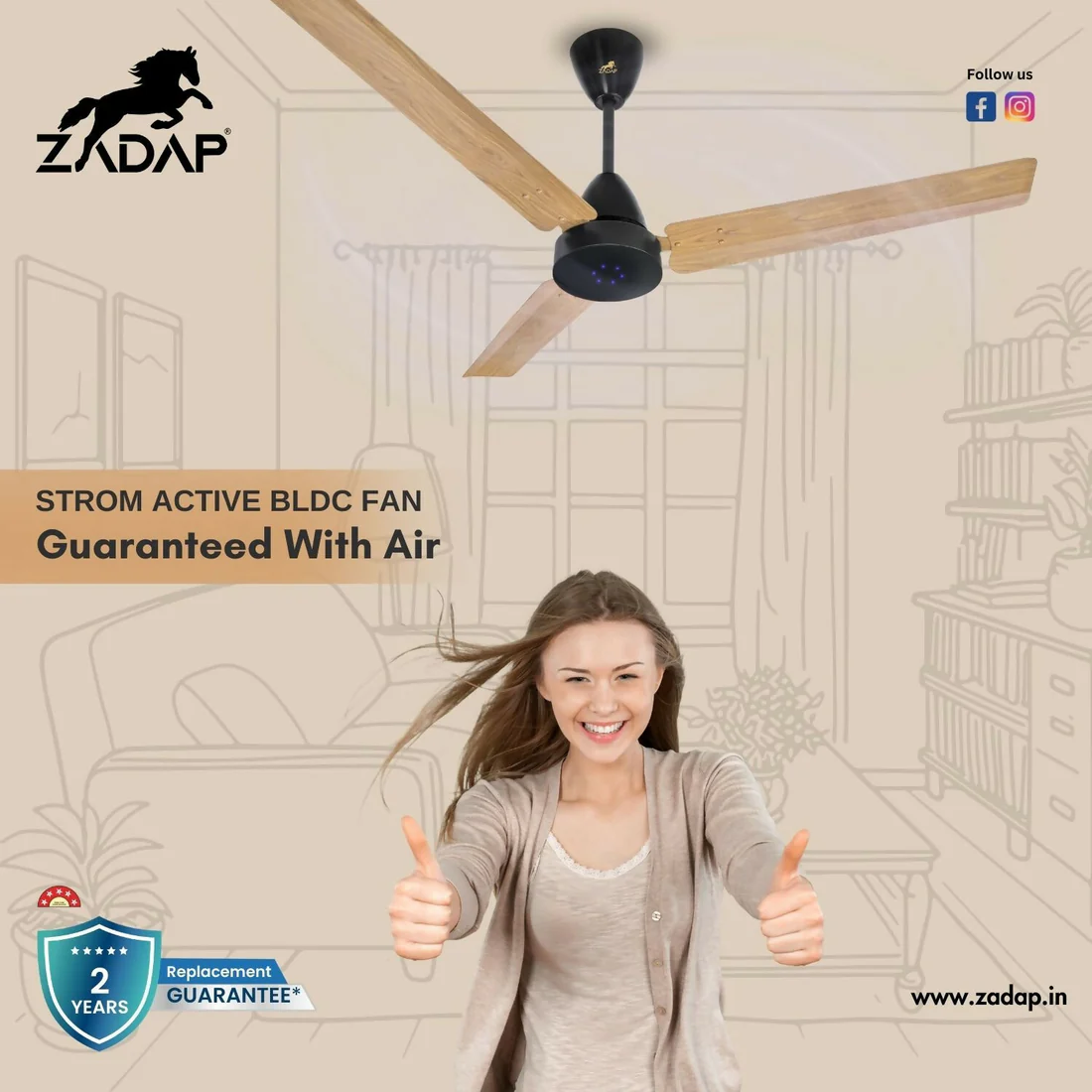 Zadap STROM 1200mm High Speed BLDC Ceiling Fan with Remote(Light Wooden) - Image 6