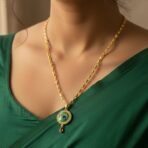 Peacock Feather Stone Pendant Gold Chain Necklace - Image 2