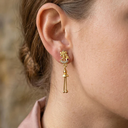 Traditional Gold-Plated Casting Chain Drop Earrings with Ruby and CZ Accents - Image 4