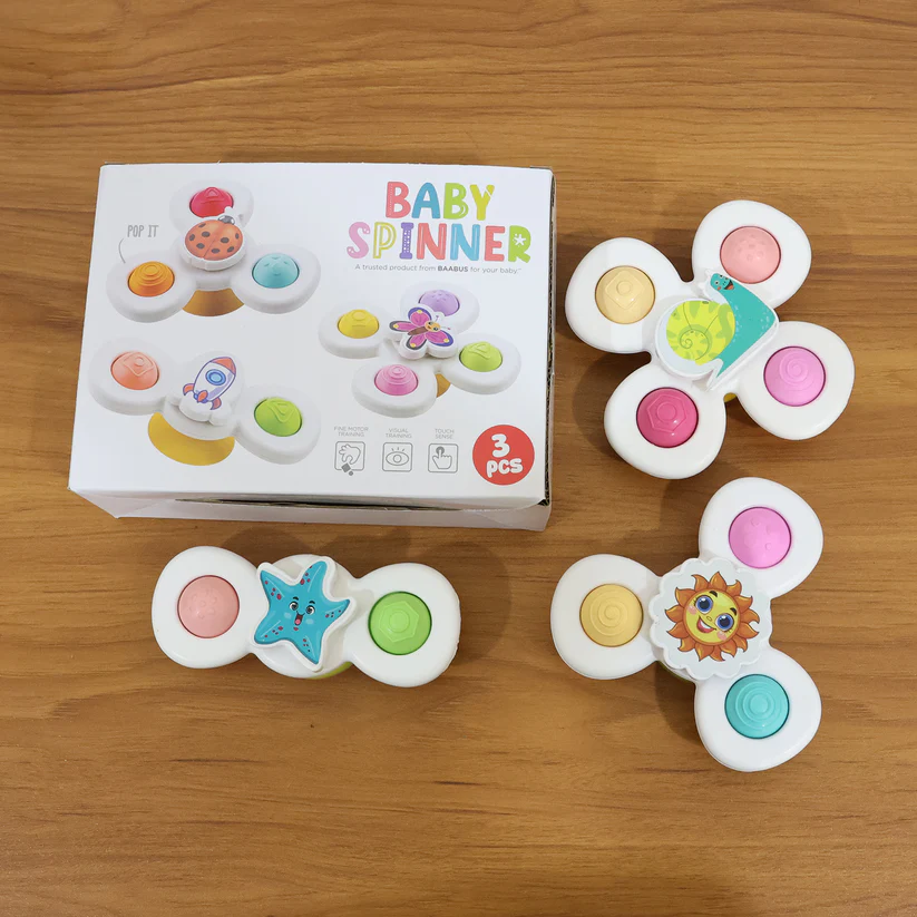 White Baby Spinner Toy Set – Sensory Suction Spin Toys (3 Pc Set) - Image 2