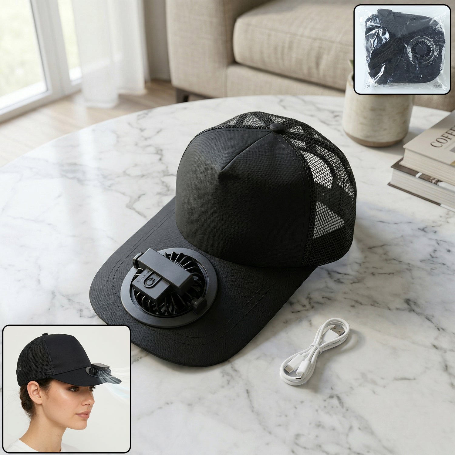 SunHatwithFans-WOKSU-01.jpg Portable USB Rechargeable Cooling Cap with Built in Mini Fan (1 Pc ) - Image 1