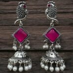Oxidised Silver Pink Stone Parrot Design Jhumka Earrings for Women & Girls - Image 2