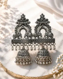 Premium Oxidized Silver-Plated Ethnic Elephant Motif Jhumka Earrings