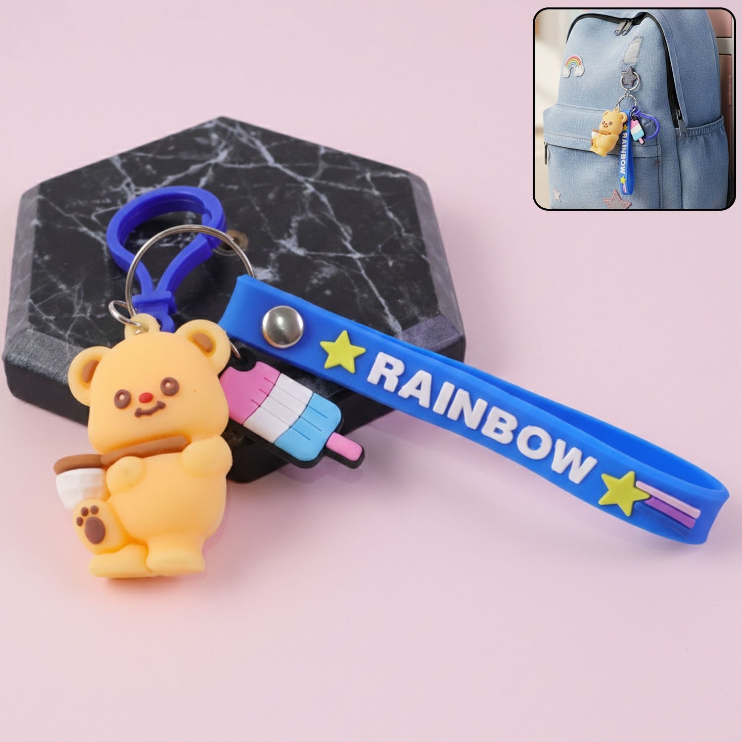 TeddyBearKeychain-WOSKU-01.jpg Cute Bear Cartoon Keychain with Rainbow Strap (1 Pc) - Image 1