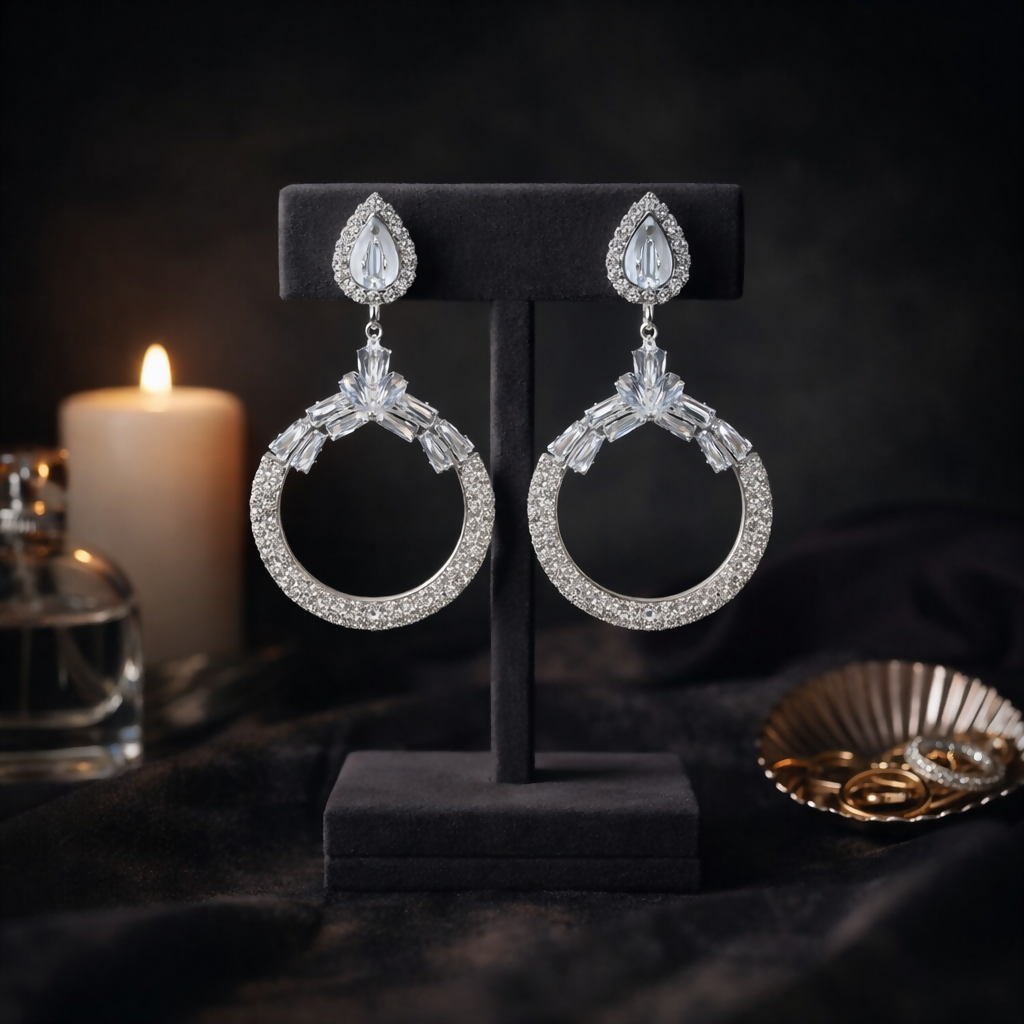 TlnbghgPik.png Beautiful Elegant Silver-Tone Chandbali Statement Earrings - Image 1