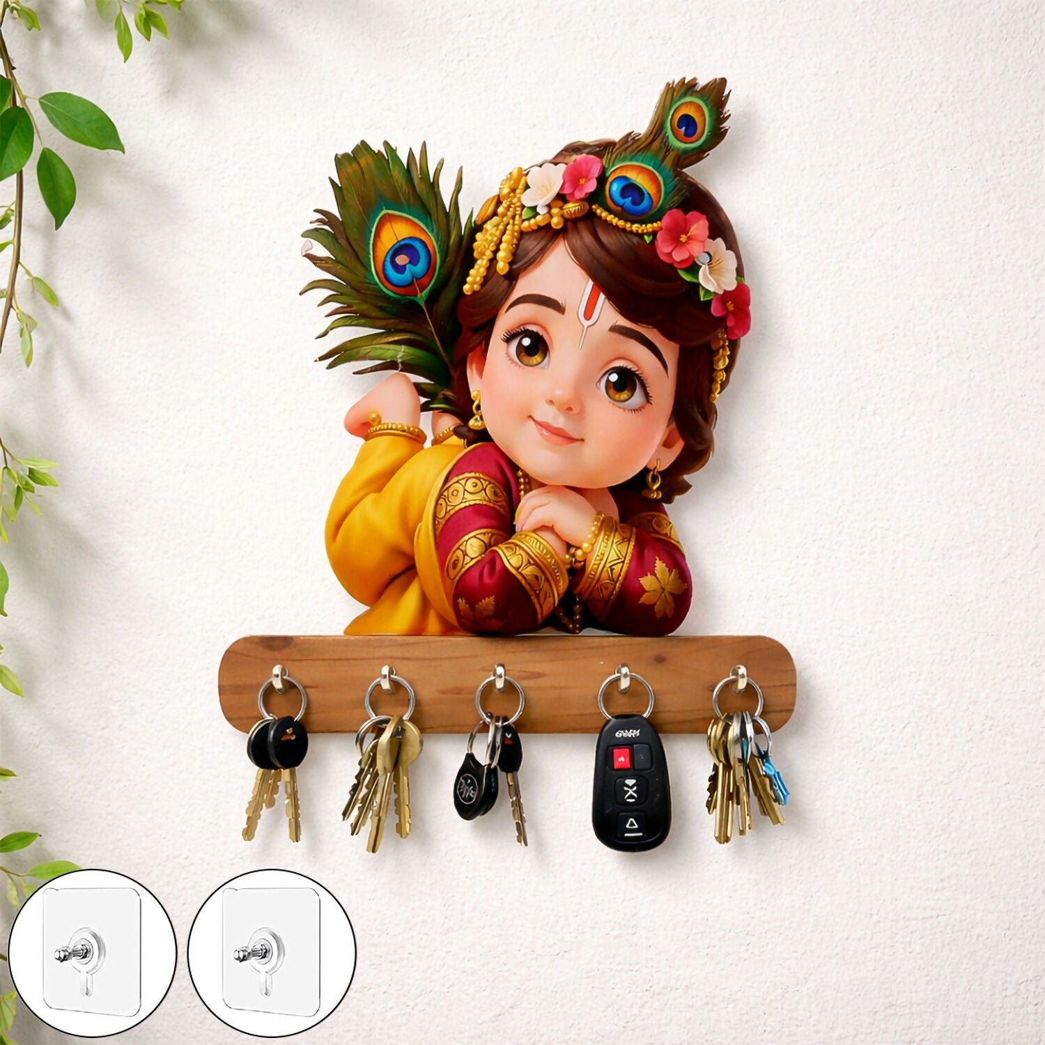 U560Q6ZZDF.jpg Baby Krishna Wall Key Holder with 5 Hooks – Self Adhesive - Image 1